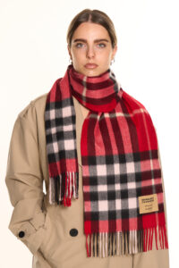 A folded red and black checked cashmere scarf in a luxury box.